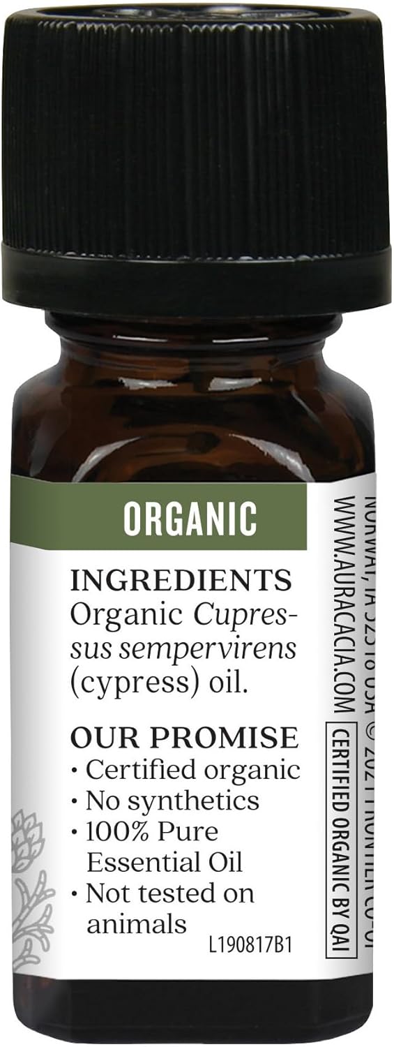 Aura Cacia Organic Cypress Essential Oil, Pure Cupressus Sempervirens Oil, Aromatherapy for Home, Body Care, DIY Blends | 0.25 Fl Oz (Pack of 1)