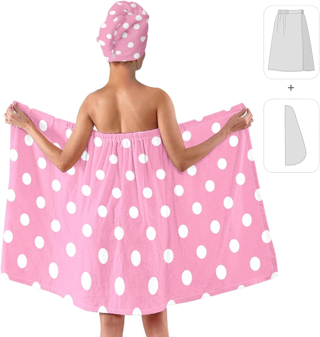 Pink White Polka Dot Bath Wrap Set with Hair Turban, Pink and White Dot Pattern Spa Towel Wrap, Towel Robe for Women