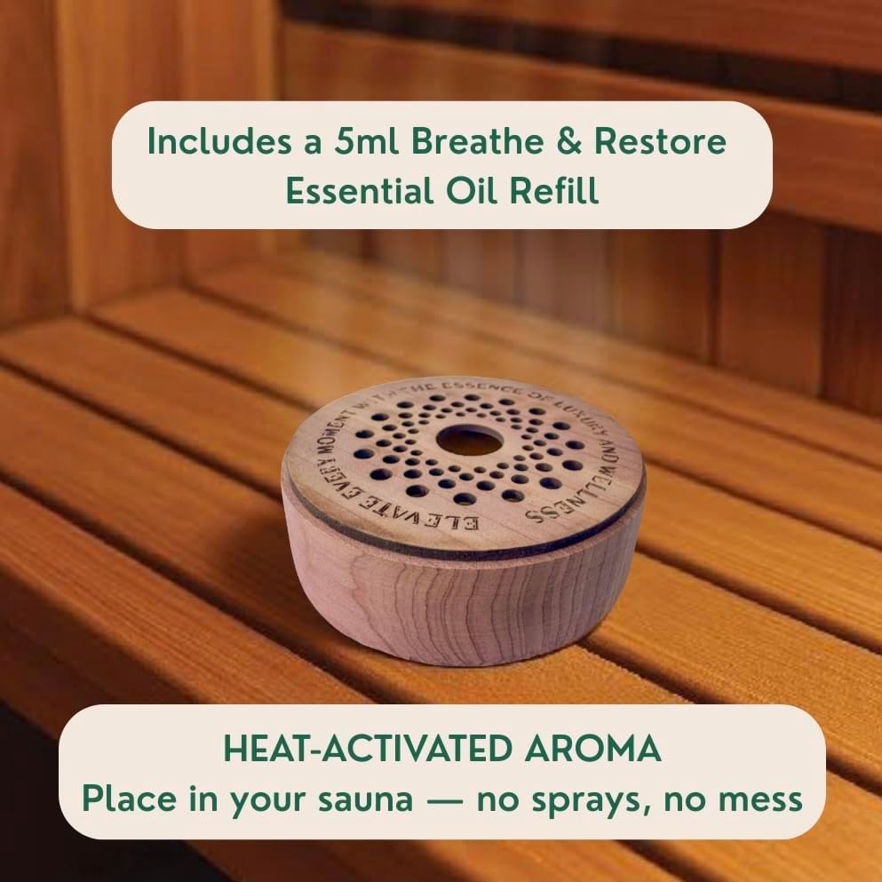 Sauna Freshener with Essential Oil Refill – Handmade Cedar Wood Diffuser – Breathe & Restore Scent – Eucalyptus, Peppermint & Tea Tree – Heat-Activated Aromatherapy for Sauna – Made in USA