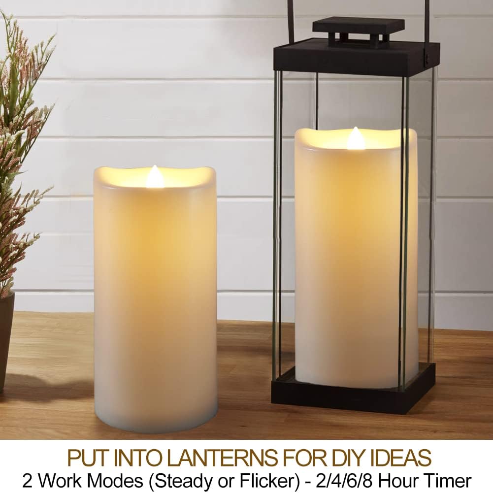 Pack of 2 Large Outdoor LED Pillar Candles 4x8 with Timer and Remote - IP65 Waterproof Battery Operated LED Pillar Candles Ivory Body - Oblique Edge Flickering Flameless Pillar Candles