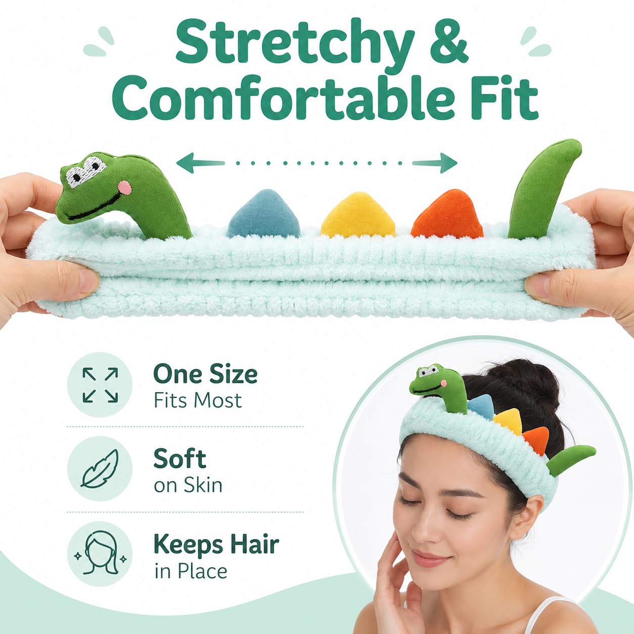 Funny Dinosaur Headband Cute Animal Cat Duck Frog Dinosaur Snail Kawaii Spa Headband Hair Accessories for Washing Face Shower Sports Beauty Skincare (Style 19)