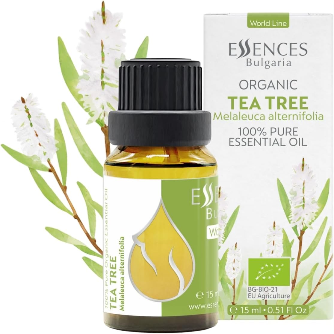 Essences Bulgaria Organic Tea Tree Essential Oil 0.51Fl Oz 15ml Melaleuca Alternifolia - 100% Pure and Natural Undiluted for Toenail Fungus, Dandruff Itchy Scalp Acne Skincare Aromatherapy Diffuser