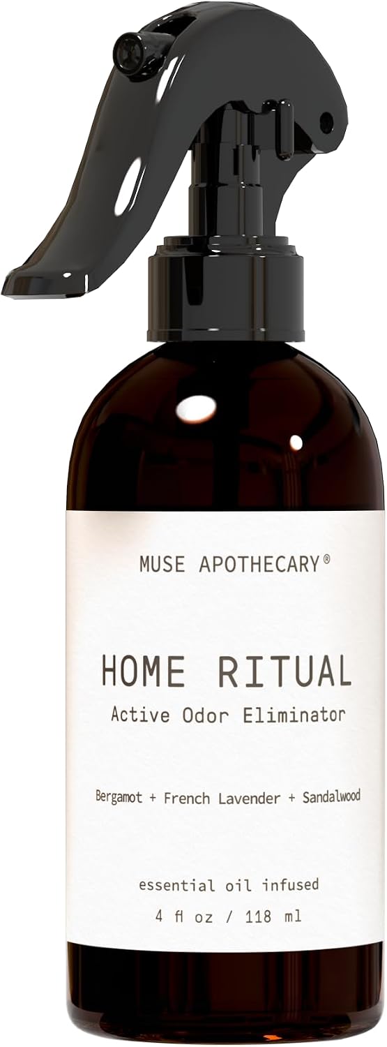 Muse Apothecary Home Ritual Active Odor Eliminator Spray - Furniture Deodorizer Spray & Bathroom Odor Eliminator for Home - Essential Oil Air Freshener - 4oz, Bergamot + French Lavender + Sandalwood