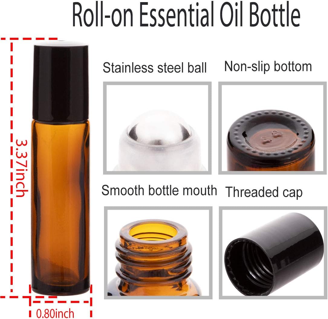 6Pcs 10ml Essential Oil Roller Bottles, with Stainless Steel Roller Balls, 10ml Amber Glass Roll on Bottles for Essential Oils, 1 Extra Roller Ball, 6 Labels, 1 Openers, 2 Droppers Included