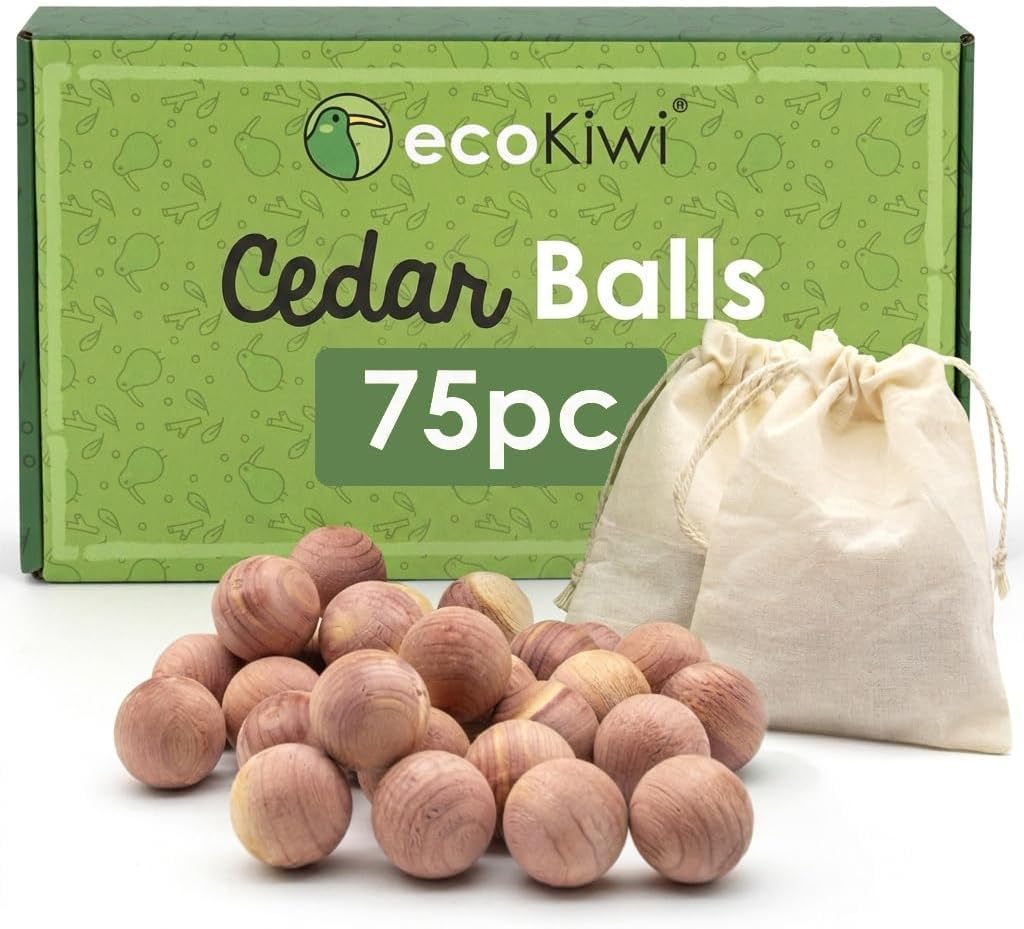 ecoKiwi Cedar Balls for Clothes Storage 75 Pack - 100% Natural Red Cedar Blocks for Clothes Storage - Aromatic Cedar Chips for Closets & Drawers - Cedarwood Oil Planks with Sandpaper & 3 Cotton Bags