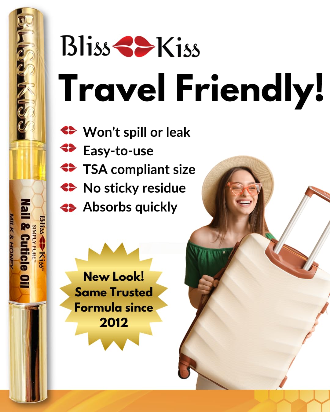 Bliss Kiss | 1 Milk & Honey | Nail Oil Cuticle Pen w/Vitamin E & Jojoba⏤Nail Strengthener Nail Growth Serum for Brittle Peeling Breaking Thin Nails