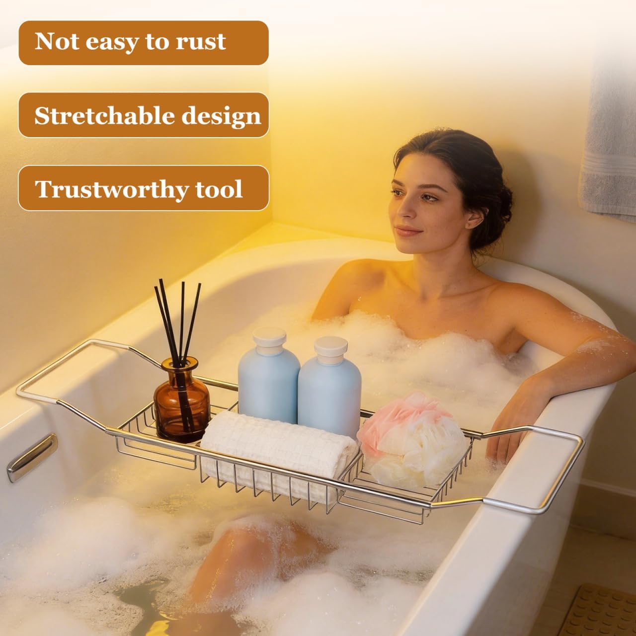 Cabilock Stainless Steel Expandable Bathtub Tray, Chrome Polished Telescopic Bath Tub Shelf, Bathroom Organizer for Soap, Shampoo, Phone and Sundries