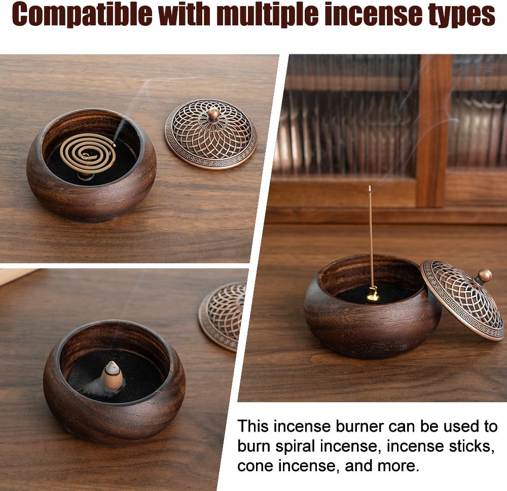 Round Incense Burner - Handcrafted Wooden Censer with Alloy Lid for Sticks/Cones/Sage, Natural Wood Aroma Tray Holder for Yoga Meditation