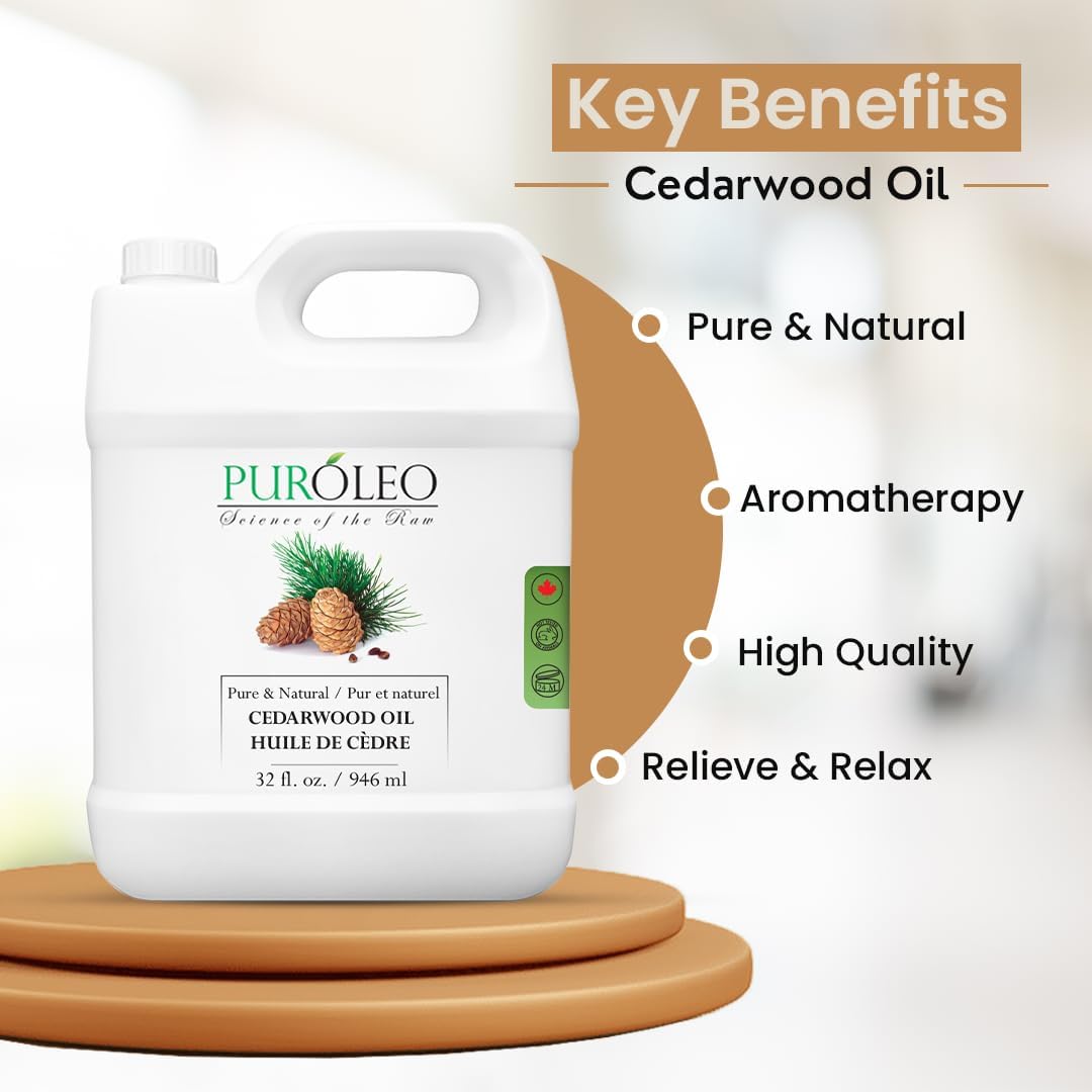 PUROLEO Cedarwood Essential Oil 32 Fl Oz/946 ML (Packed in Canada) 100% Pure & Natural Cedarwood Oil for Aromatherapy, Relaxation, and Skin Care - Cedarwood Oil for Diffuser