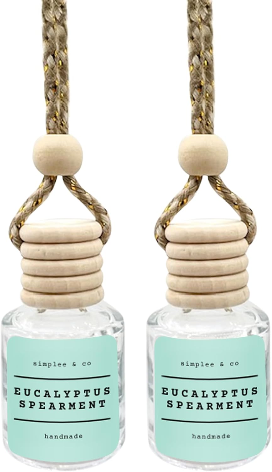 Eucalyptus & Spearmint Air Freshener Hanging, Long Lasting Essential Oil Diffuser for Car, 2 Pack Fragrance, Reusable Glass Bottle Car Freshener, Made in USA Simplee & Co