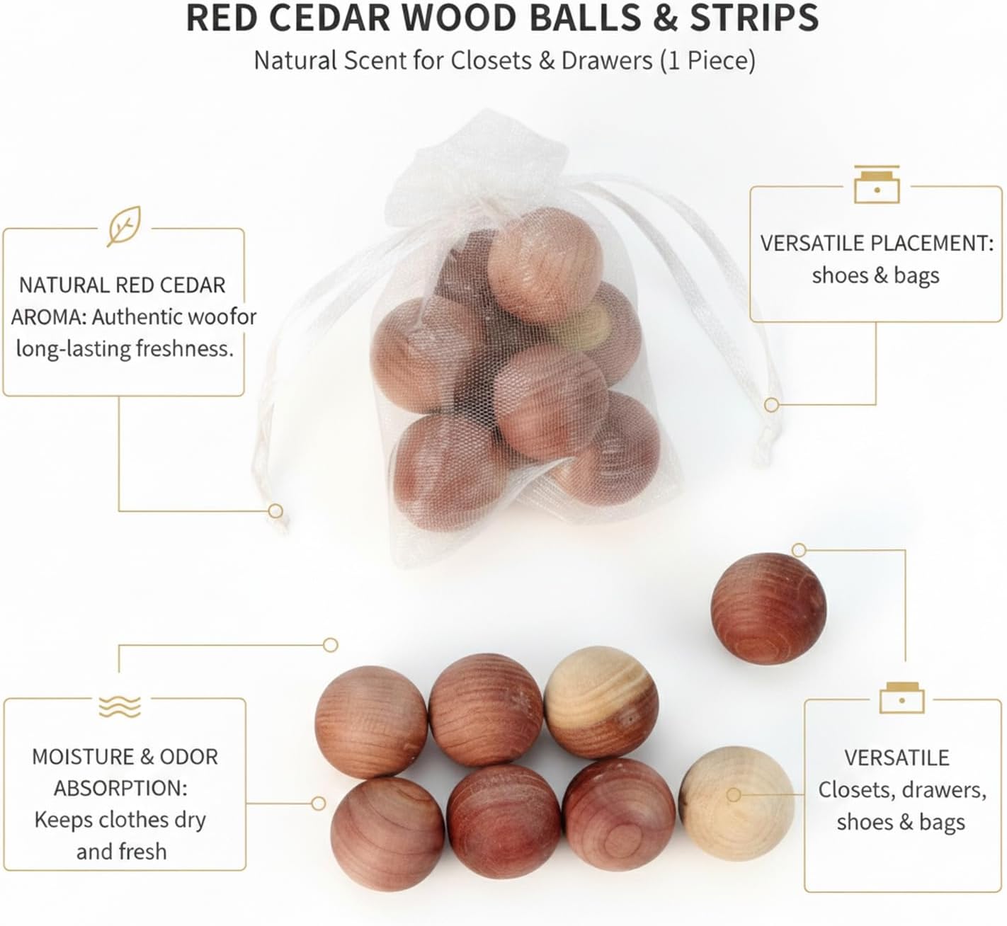 Red Cedar Wood Balls and Strips, Natural Scent for Closets and Drawers (1 Piece)