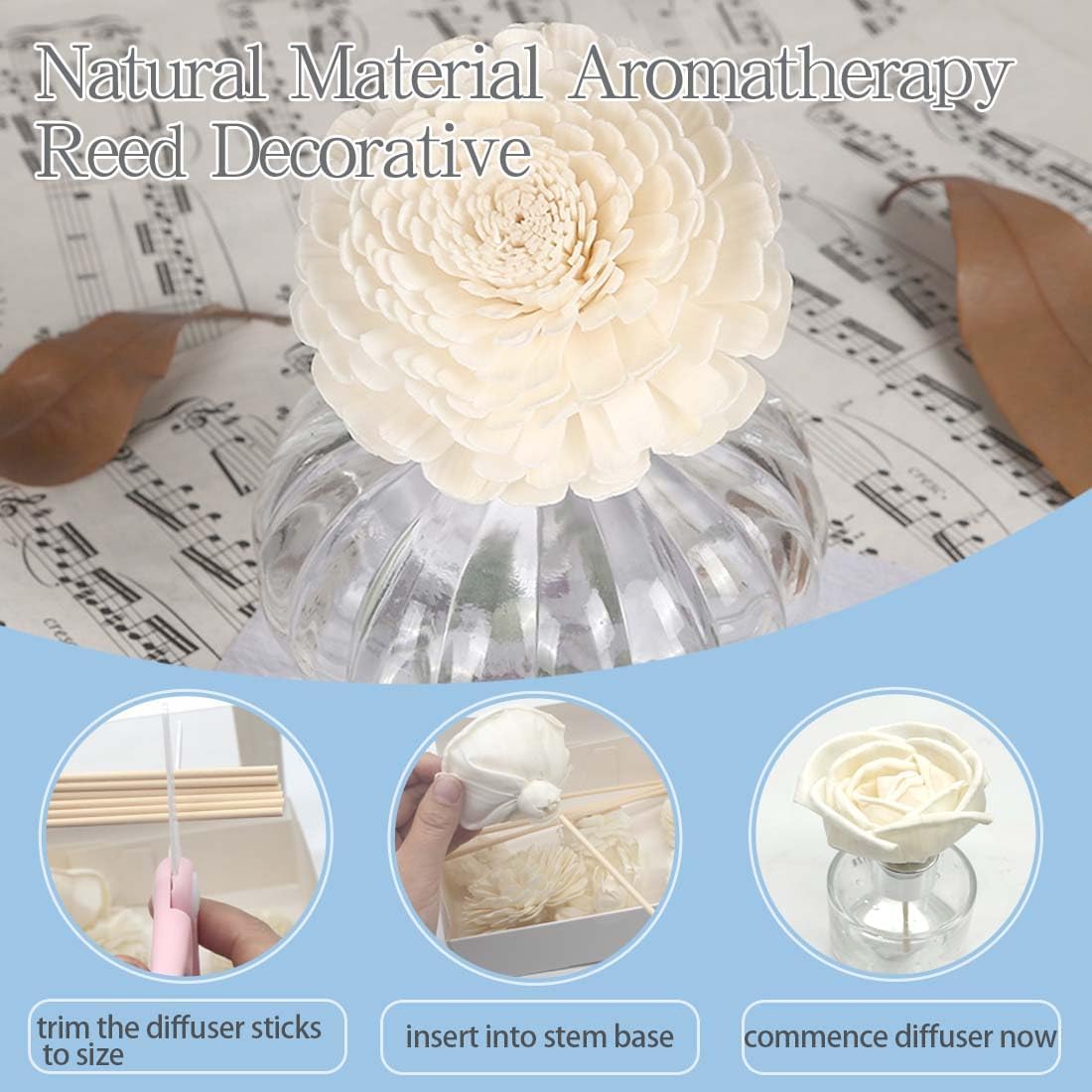 Flower Diffuser Sola Wood Flowers Natural Material Aromatherapy Reed Decorative Aromatherapy Flower Refill Diffuser Reeds, 7Pcs Flower, 10 Pcs Diffuser Rattan