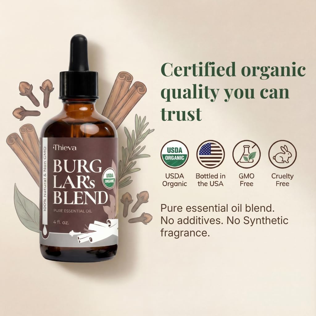 THIEVA Burglar’s Blend Essential Oil 4 oz – USDA Organic Pure Oil Blend for DIY Household Cleaning Seasonal Home Wellness and Diffuser Aromatherapy