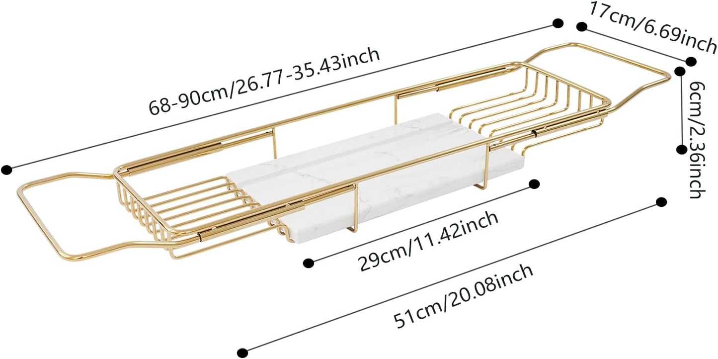 Bath Tray for Tub, Metal Bathtub Marble Tray Stainless Steel Bathtub Caddy Trays for Luxury Bath, 26.8-35.4in Adjustable Bathroom Tub Trays W/Marble Board Groove