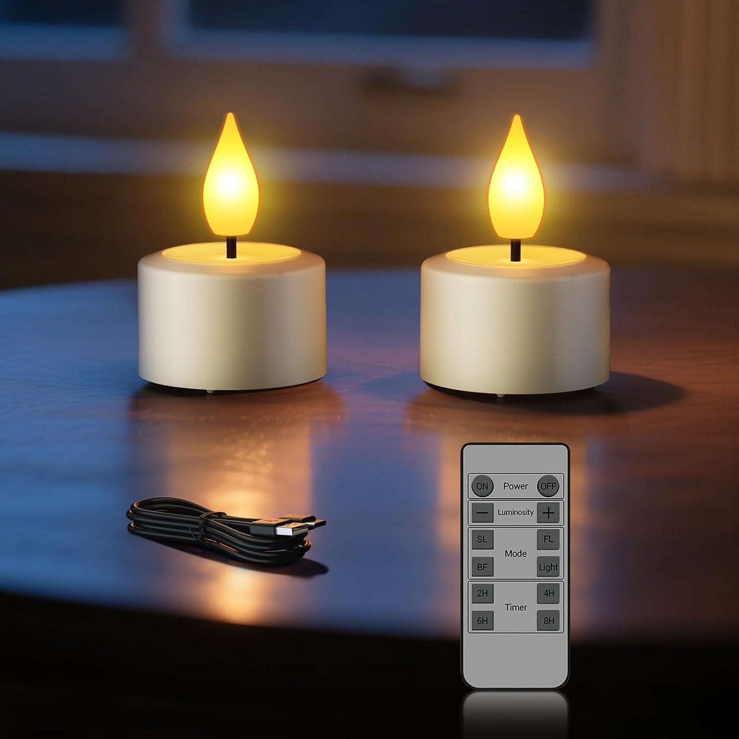 SoulBay Rechargeable Flameless LED Tea Lights Candles with Remote Control, 2.17" x 1.57", Set of 2, USB Charging Cable Included