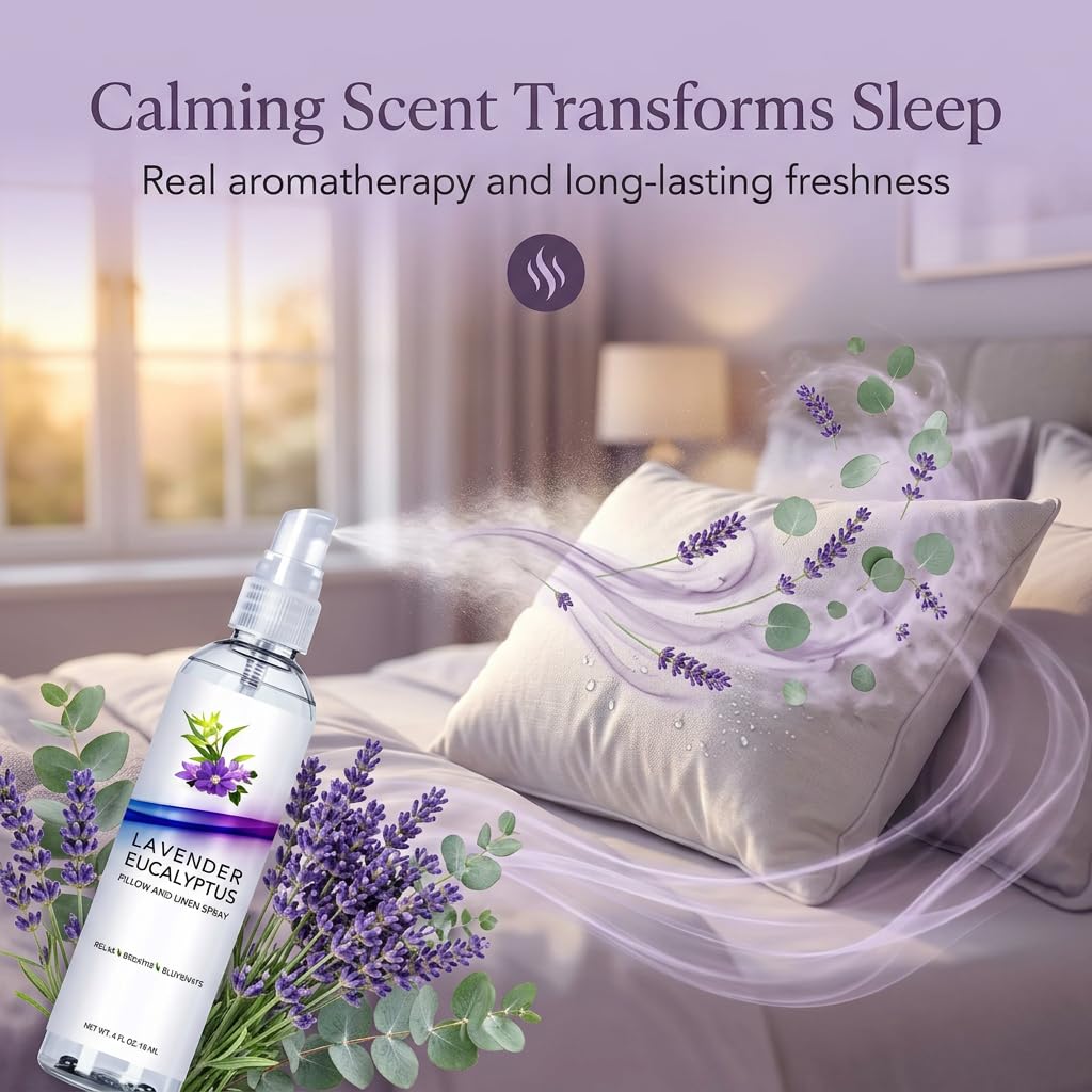 Lavender Eucalyptus Pillow and Linen Spray, Home Essential Oil Mist to Relax The Body & Mind, Natural Aromatherapy Sleep Spray, Calming Formula (Lavender Eucalyptus, 4oz)