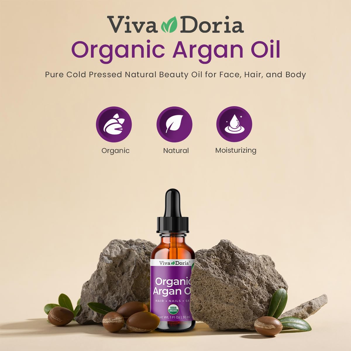 Viva Doria Organic Argan Oil, 1 Fl Oz, Pure Cold Pressed Natural Beauty Oil for Face, Hair, Body, Unscented