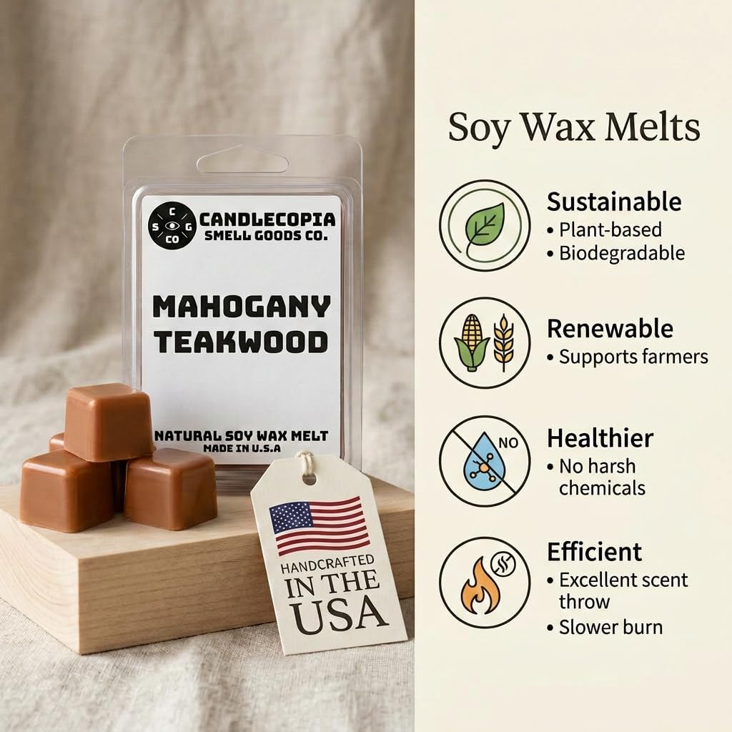 Mahogany Teakwood Strongly Scented Hand Poured Vegan Wax Melts, 36 Scented Wax Cubes, 19.2 Ounces in 6 x 6-Packs