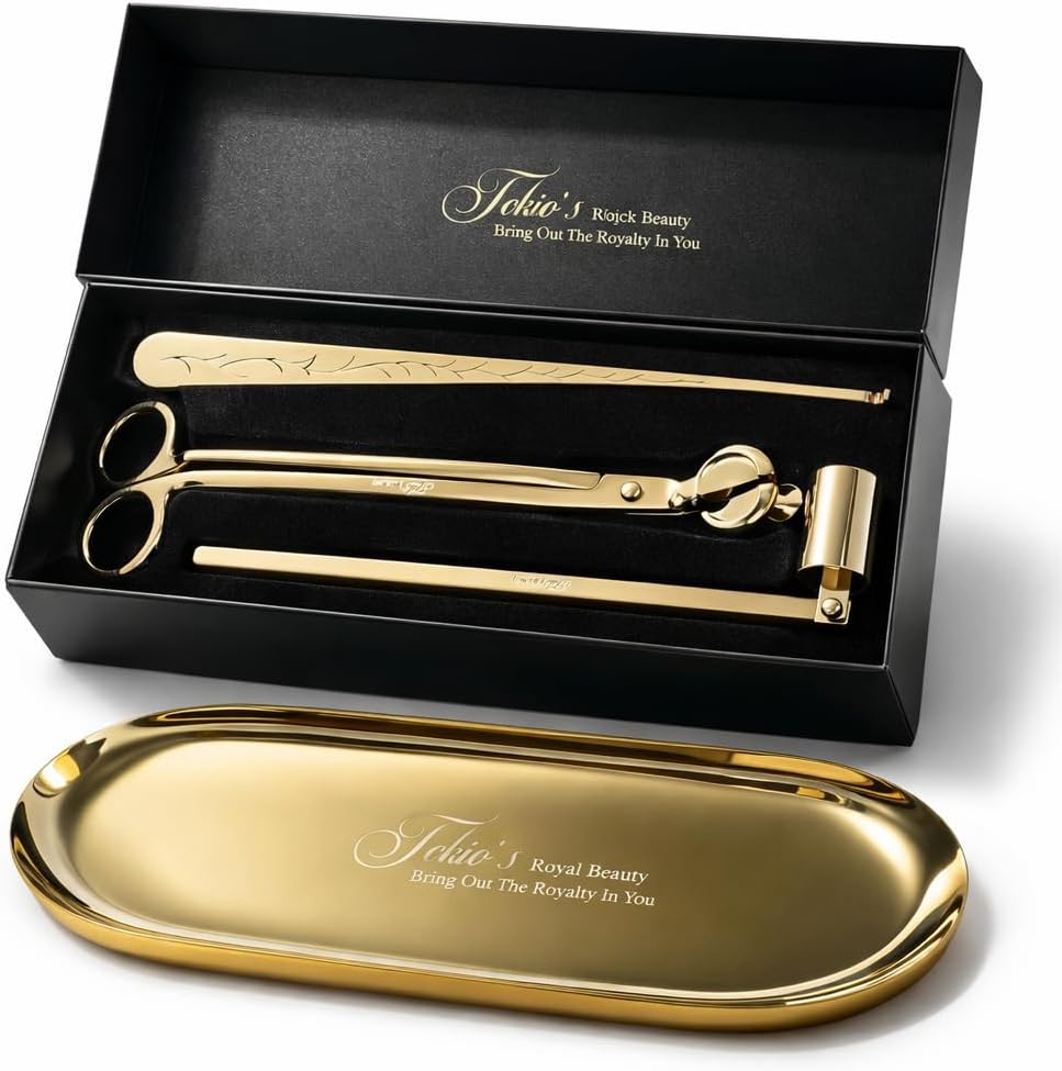 Candle Wick Trimming Set – 4-Piece Gold-Plated Kit with Decorative Tray – Wick Trimmer, Snuffer, Dipper – Luxury Gift Box Included