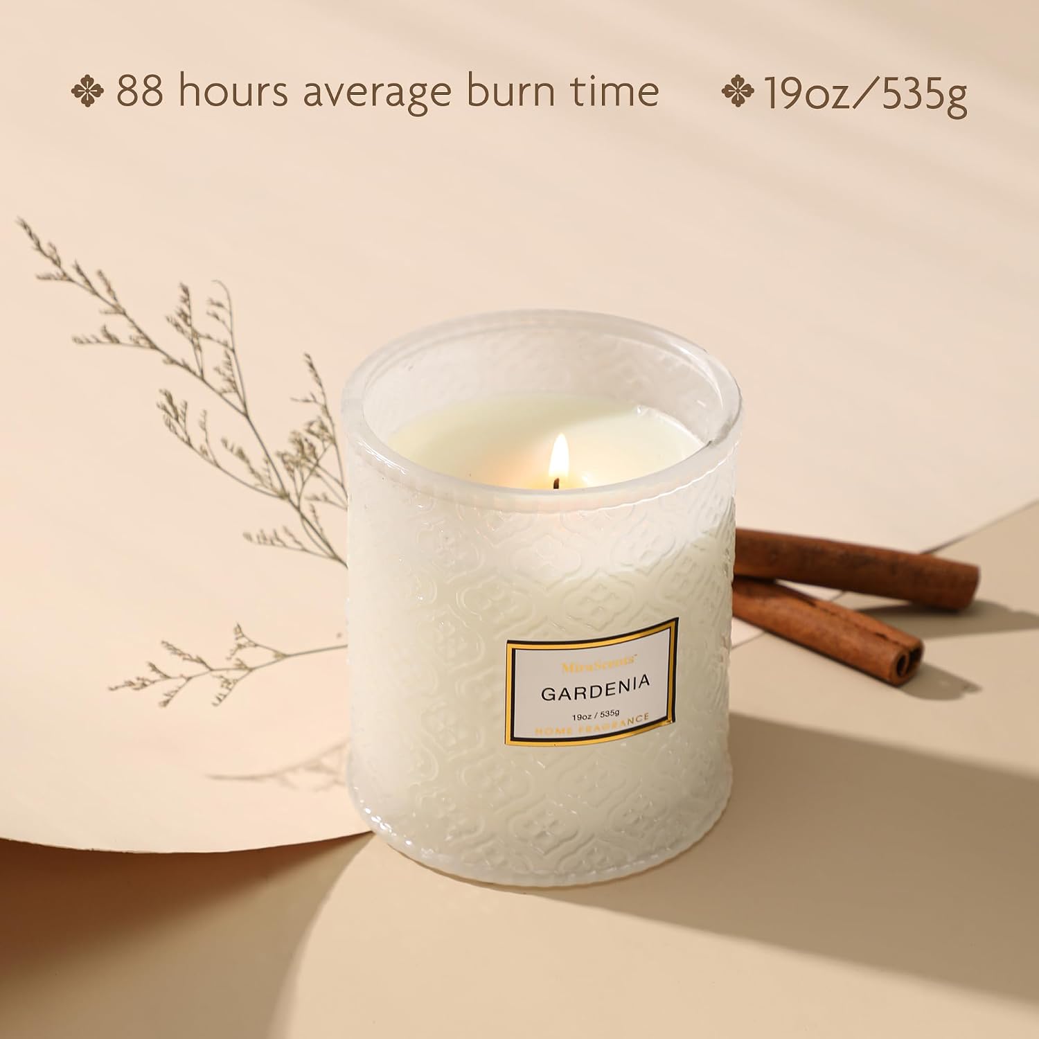 Gardenia Candle - White Floral Fragrance | 19 oz Large Soy Wax Candle in Embossed Glass Jar | Long Lasting Decorative Candle for Home Decor Gift for Women
