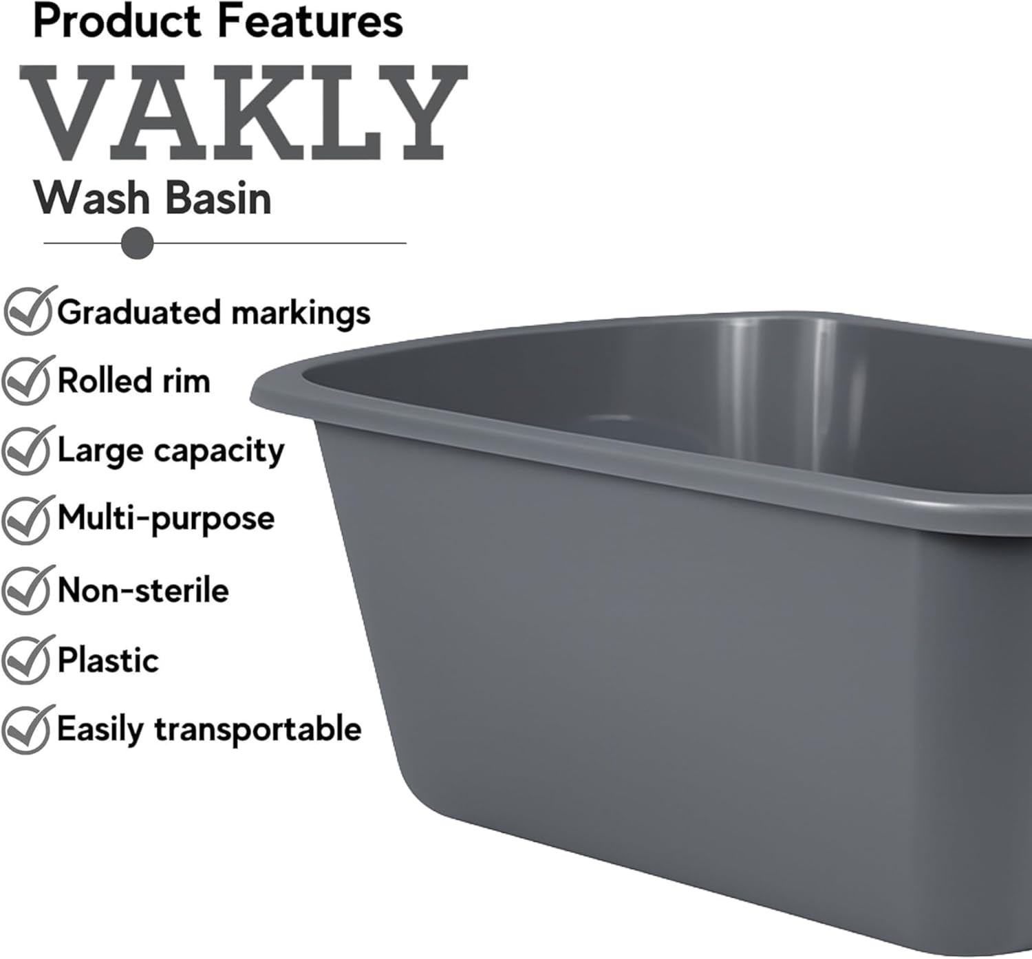 Vakly Wash Basins – Rectangular Plastic Hospital Bedside Soaking Tub (Pack of 2) Small 7 Qt Graduated Bucket - Portable Washbasin for Washing, Cleaning, Foot Bath, Dishes, Face Cleansing Bowl