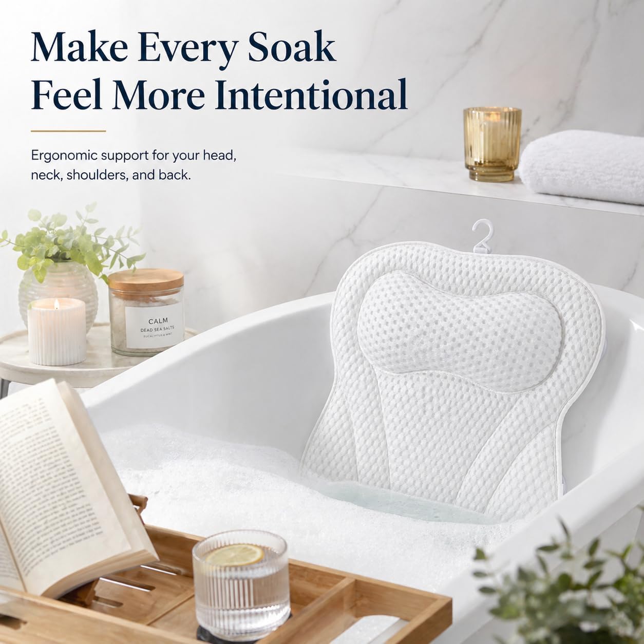Bath Pillow Bathtub Pillow, Bath Tub Pillows for Head and Neck, Bath Tub Pillow Headrest with Soft Air Mesh Fabric & Strong Suction Cups, Relaxing Bath and Spa Accessories(White)