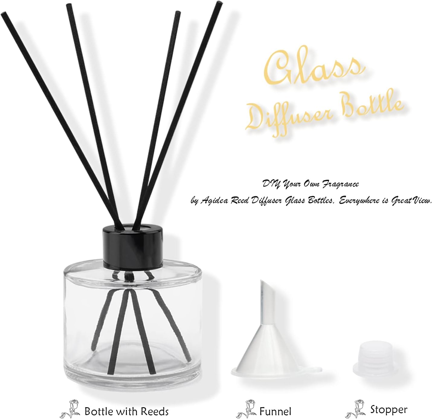 4PCS Fragrance Glass Diffuser Bottles, Refillable Diffuser Bottles with 20pcs Reeds Sticks & Black Caps & Funnel, Diffuser Jars for Home Oil Fragrance Decoration Girl Women Gift (100ML)