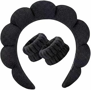 Spa Headband and Wristband Set for Women,Terry Cloth Sponge Headband for Washing Face,Makeup,Facial Mask and Skincare (Black, One Size)
