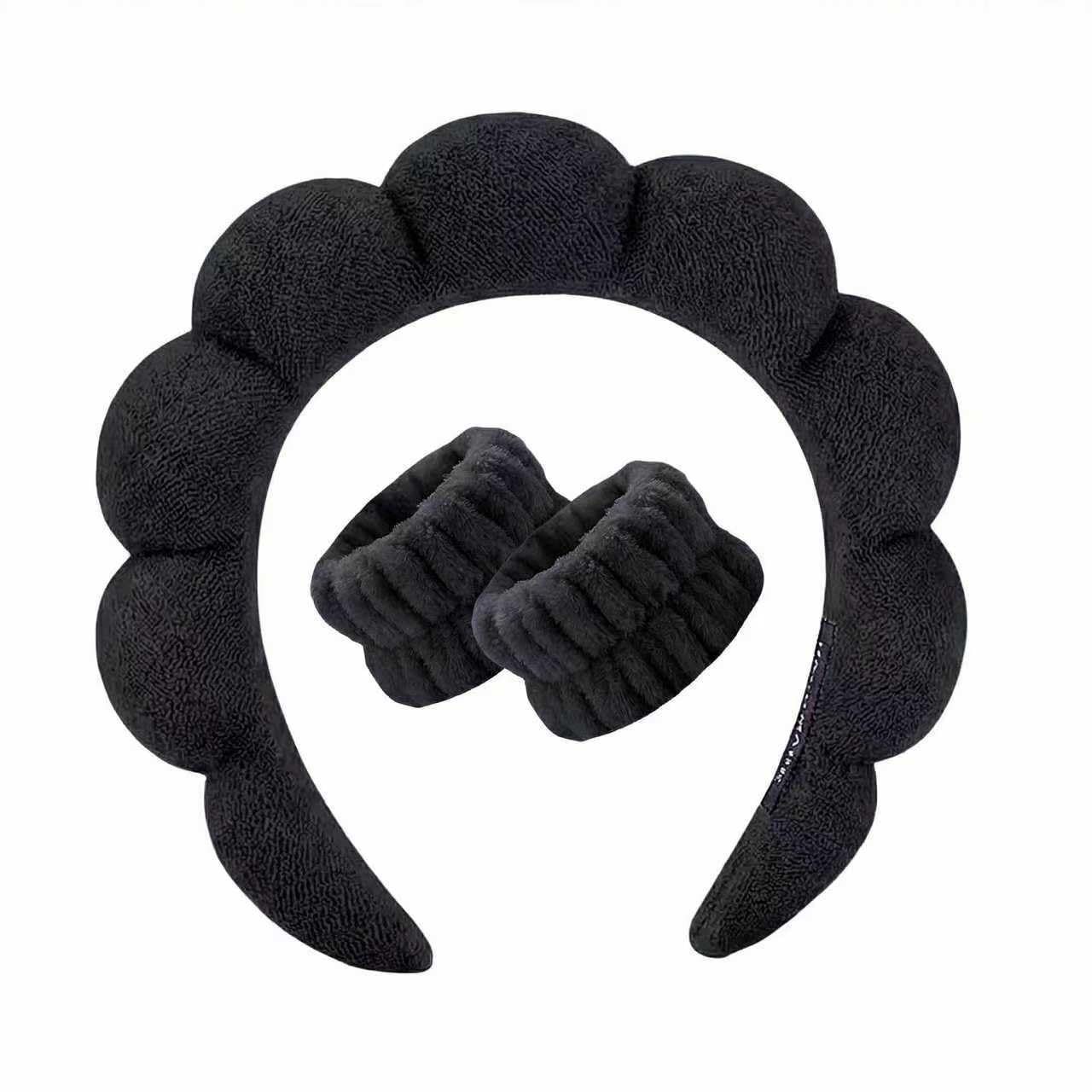 Spa Headband and Wristband Set for Women,Terry Cloth Sponge Headband for Washing Face,Makeup,Facial Mask and Skincare (Black, One Size)