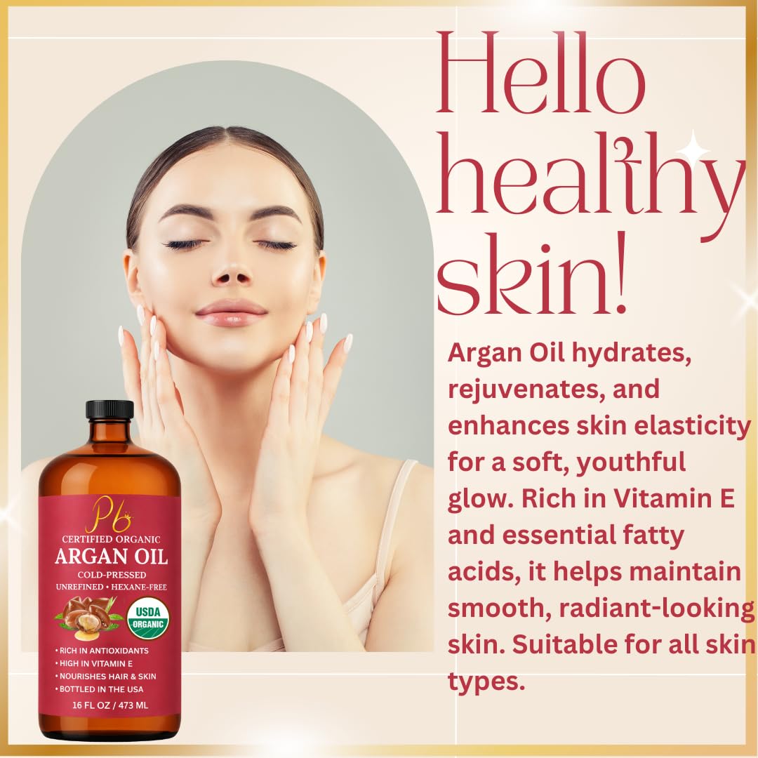 Argan Oil, 16 fl oz Glass Bottle with Pump, Organic Moroccan Argan Oil for Hair, Skin, Face & Nails, USDA Certified Organic, Cold-Pressed Unrefined Hexane-Free Carrier Oil for Essential Oils