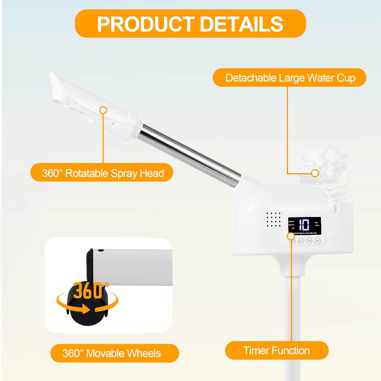 Professional Facial Steamer, Hot Mist Spray, Timer Function for Deep Hydration, Height Adjustable Face Steamer on Wheels and Rotatable Nozzle for Salon Spa Home Use