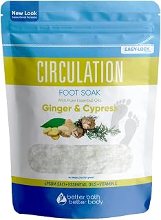 Circulation Foot Soak 32 Ounces (2 Lbs) Epsom Salt with Pure Essential Oils Ginger and Cypress Essential Oils Plus Vitamin C in BPA Free Pouch with Easy Press Lock Seal