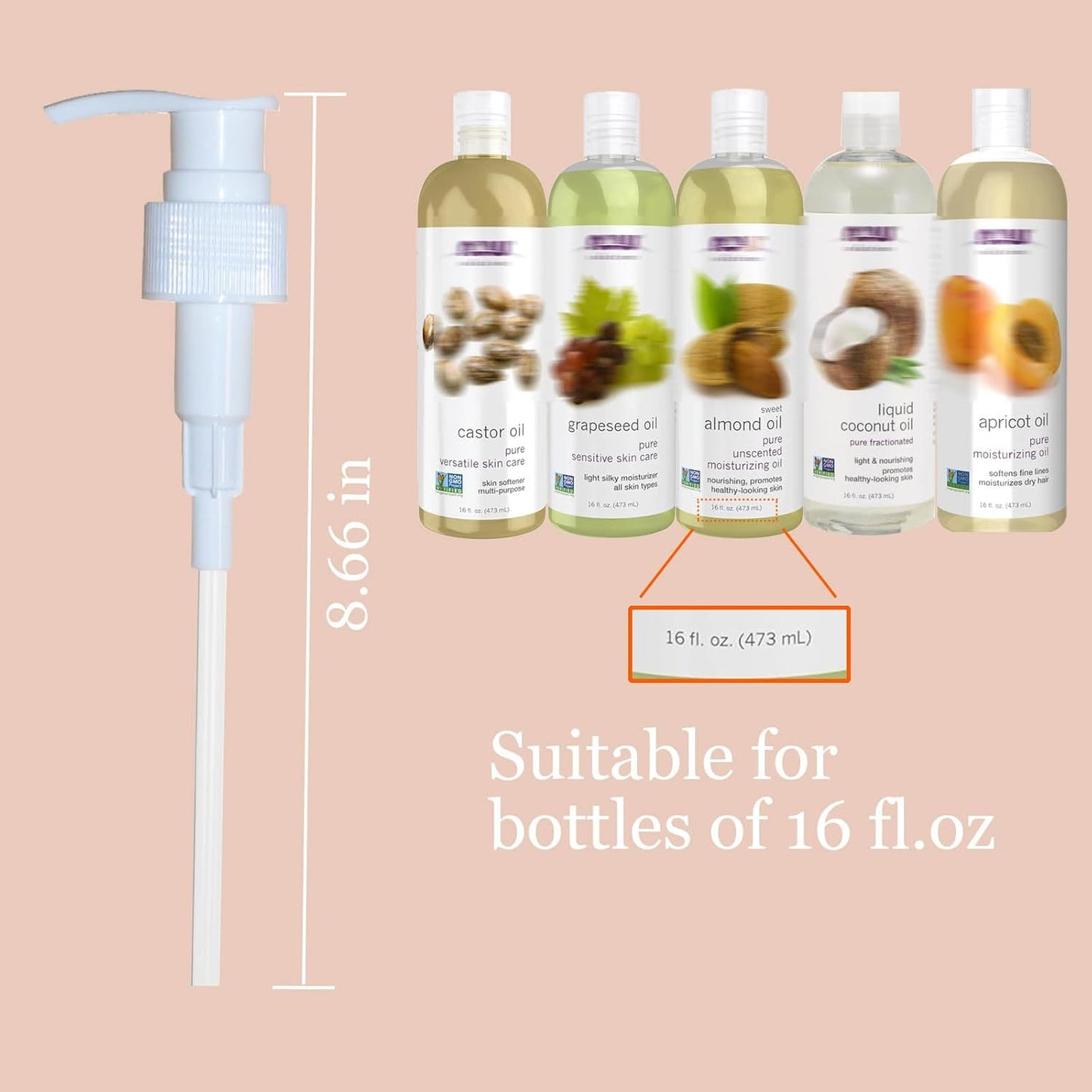 Dispenser Pump Compatible with Now Foods Solutions Sweet Almond Oil, Vegetable Glycerin, Castor Oil, Grapeseed Oil, Liquid Coconut Oil, etc., 2 Pieces White Pump for Bottle 16 Fl Oz