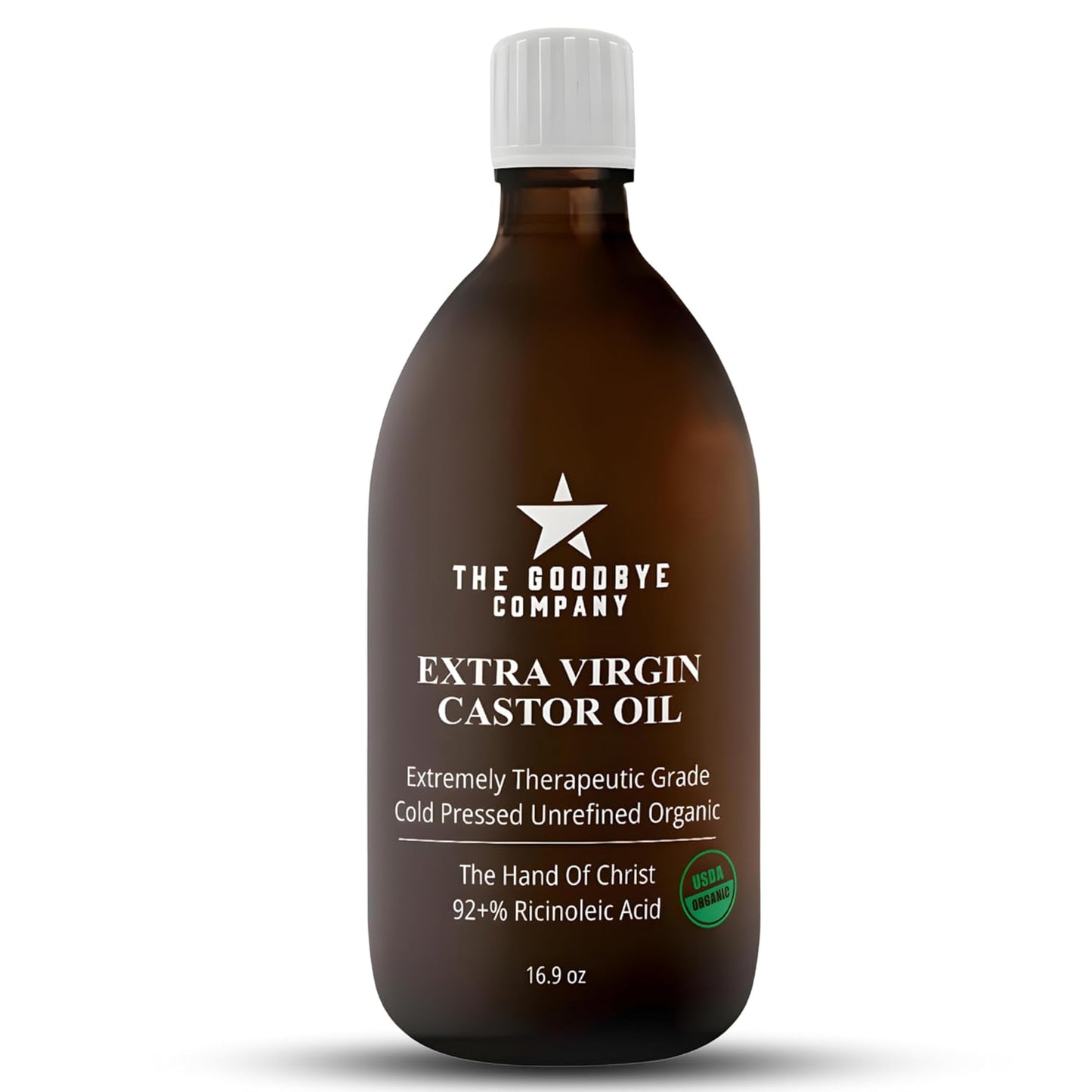 GoodBye Company USDA Organic Cold-Pressed Castor Oil, 16.9 oz Amber Glass Bottle, Hexane-Free, Extra Virgin, Food Grade, for Hair, Skin, Lashes, Brows & Digestive