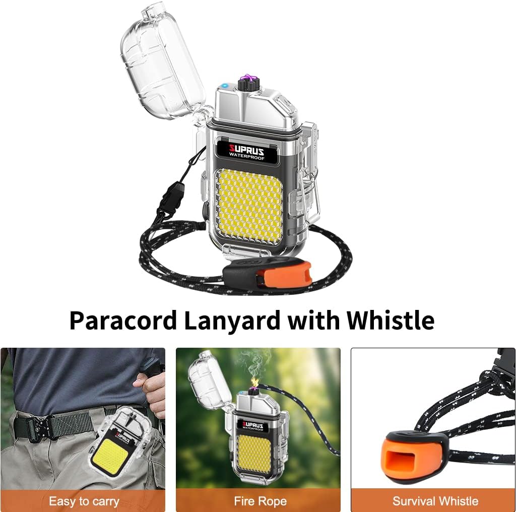 SUPRUS Waterproof 3 Modes of Flashlight Windproof Lighter Dual Arc Electric Rechargeable Dual Arc Plasma Lighter with Survival Emergency Whistle and Lanyard (Black)