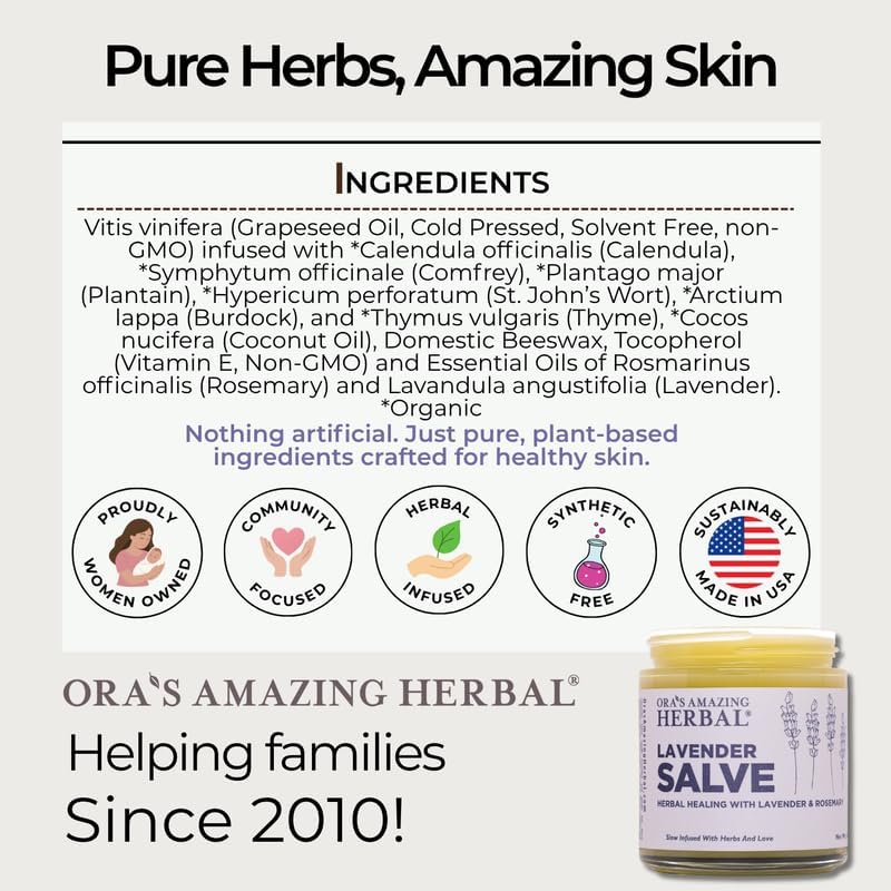 Lavender Salve Ointment, Sleep Balm, Lavender Essential Oil, Aromatherapy for Relaxation Anxiety Relief & Massage, Dry Skin Hand Repair Cream Calendula Coconut Oil, Ora's Amazing Herbal, 4 oz