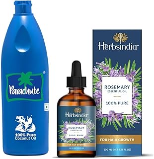 Parachute Coconut Oil & Herbs India Rosemary Essential Oil for Hair | 100% Pure & Natural| Unrefined Coconut Oil| Fresh Long Lasting Aroma | 18.8 Fl oz + 3.3 Fl oz| Pack of 2