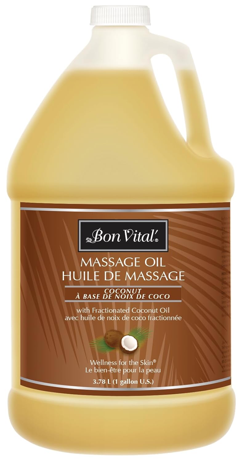 Bon Vital' Coconut Massage Oil, 1-Gallon Container, 100% Pure Fractionated Coconut Oil for Dry Skin, Lightweight Non-Greasy, Neutral Scent, Non-Staining, for Massage Therapy & At-Home Use