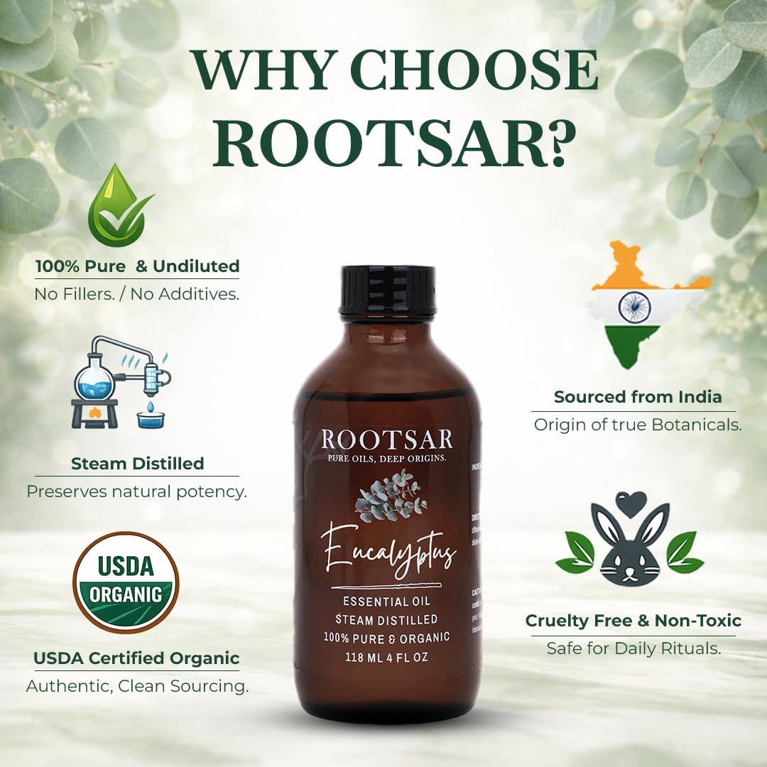 Eucalyptus Essential Oil – 100% Pure Organic Eucalyptus Oil, Steam Distilled, 4 FL OZ / 118 ML – Premium Essential Oil for Diffuser, Aromatherapy, Massage, Skin Care, Candle & Soap Making
