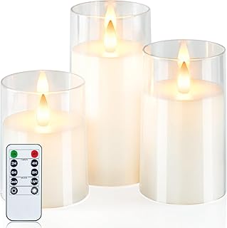 Homemory Realistic Flickering Battery Operated Candles, LED Fake Electric Candle with Remote Control and Timer, Flameless Candles for Home, Christmas Decoration, White, Set of 3
