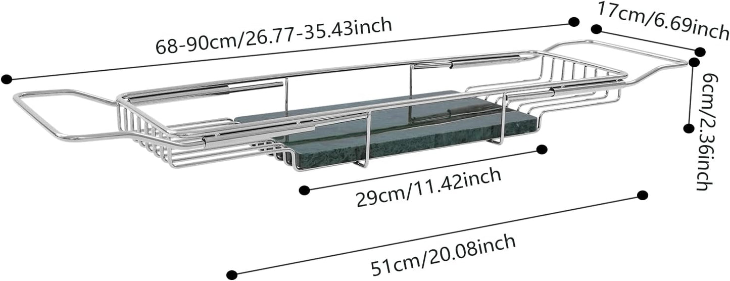 Expandable Bathtub Tray Caddy, Stainless Steel Bath Table Tray Adjustable & Rustproof Bath Caddy Bath Organizer Tub Shelf with Marble Board for Spa, Relaxation, Bath Bombs (Silver + Green)