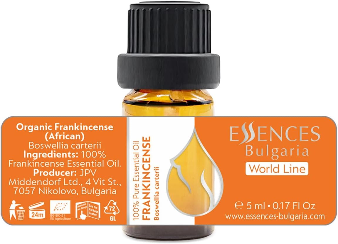 Essences Bulgaria Organic Frankincense Essential Oil 0.17 Fl Oz 5ml Boswellia Carterii - 100% Pure and Natural Undiluted Therapeutic Grade for Aromatherapy with Diffuser or Air Purifier Body Massage