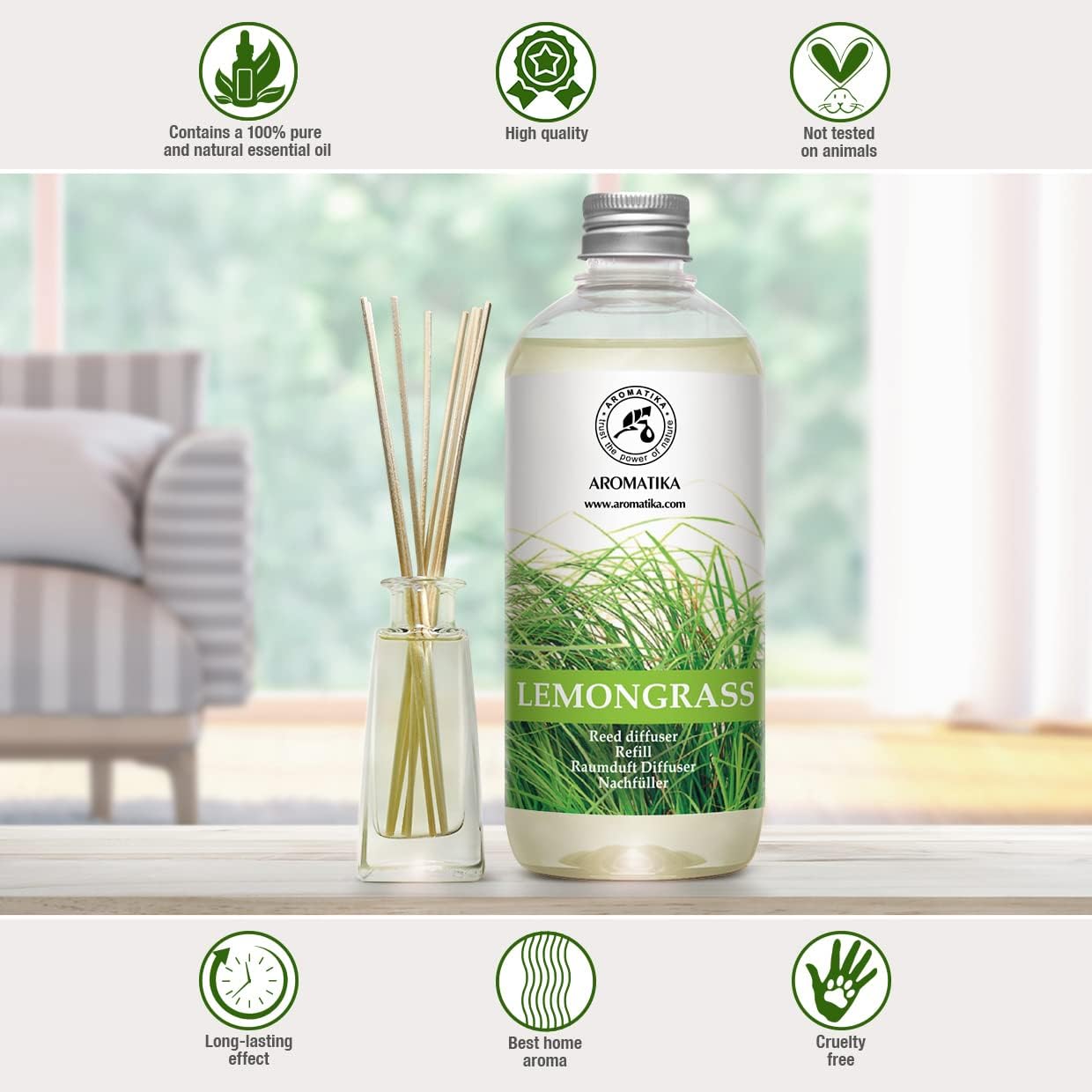 Lemongrass Reed Diffuser Refill, Natural Essential Lemongrass Oil 17 Fl Oz - Fresh & Long Lasting Fragrance - Reed Diffuser Oil Refill for Aromatherapy - Home - Office - Restaurant