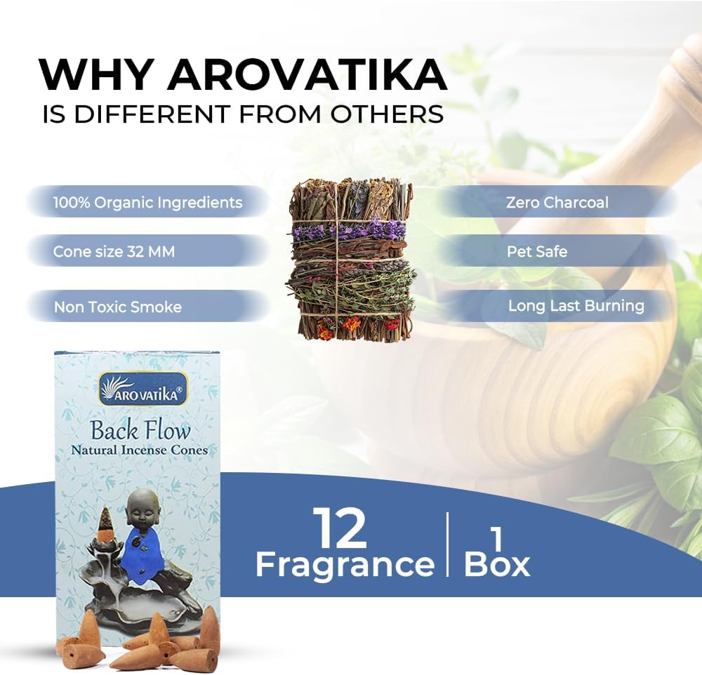 ARO VATIKA Backflow Natural Masala 50 Pack 'A' Incense Cones | 5 Different Assorted Fragrances of Nag Champa, White Sage, Dragons Blood, Palo Santo, Musk | Burn time- Approx 16-18 mins