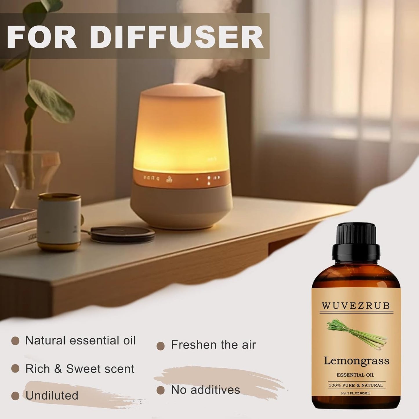 Lemongrass Essential Oil - 60ML Pure and Natural for Aromatherapy Diffuser - 2 Fl Oz