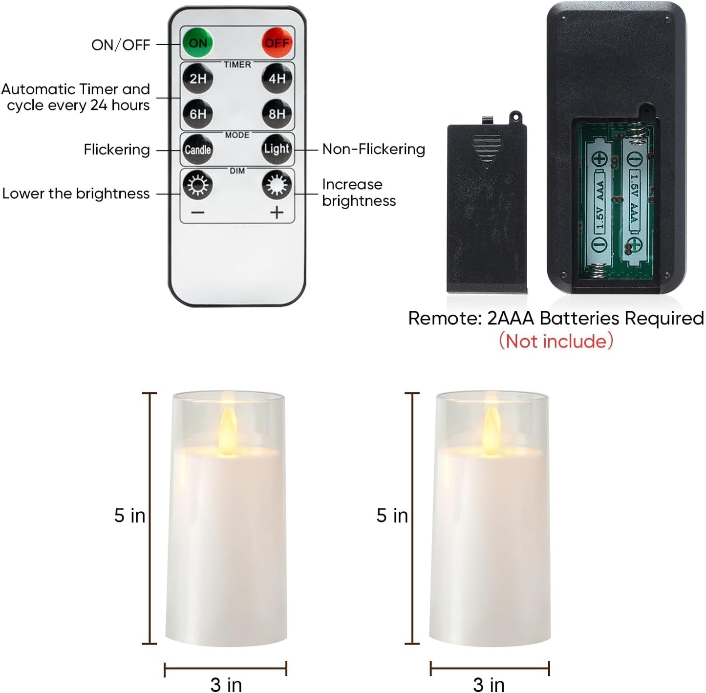 Amagic 3"×5" White Flameless Candles with Remote and Timer, Realistic Flickering Battery Operated Acrylic Led Fake Candles for Home Wedding Party Fall Christmas Decor, Set of 2