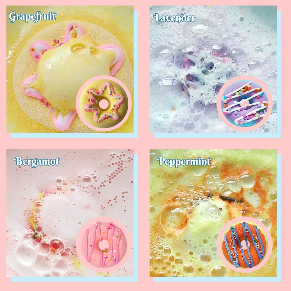 KAV Donut Bath Bombs Gift Set – 4 Piece Handmade Organic Bath Bomb Kit with Essential Oils – Relaxation Spa Gift for Women, Men, Teens, Kids – Self Care & Aromatherapy Soak