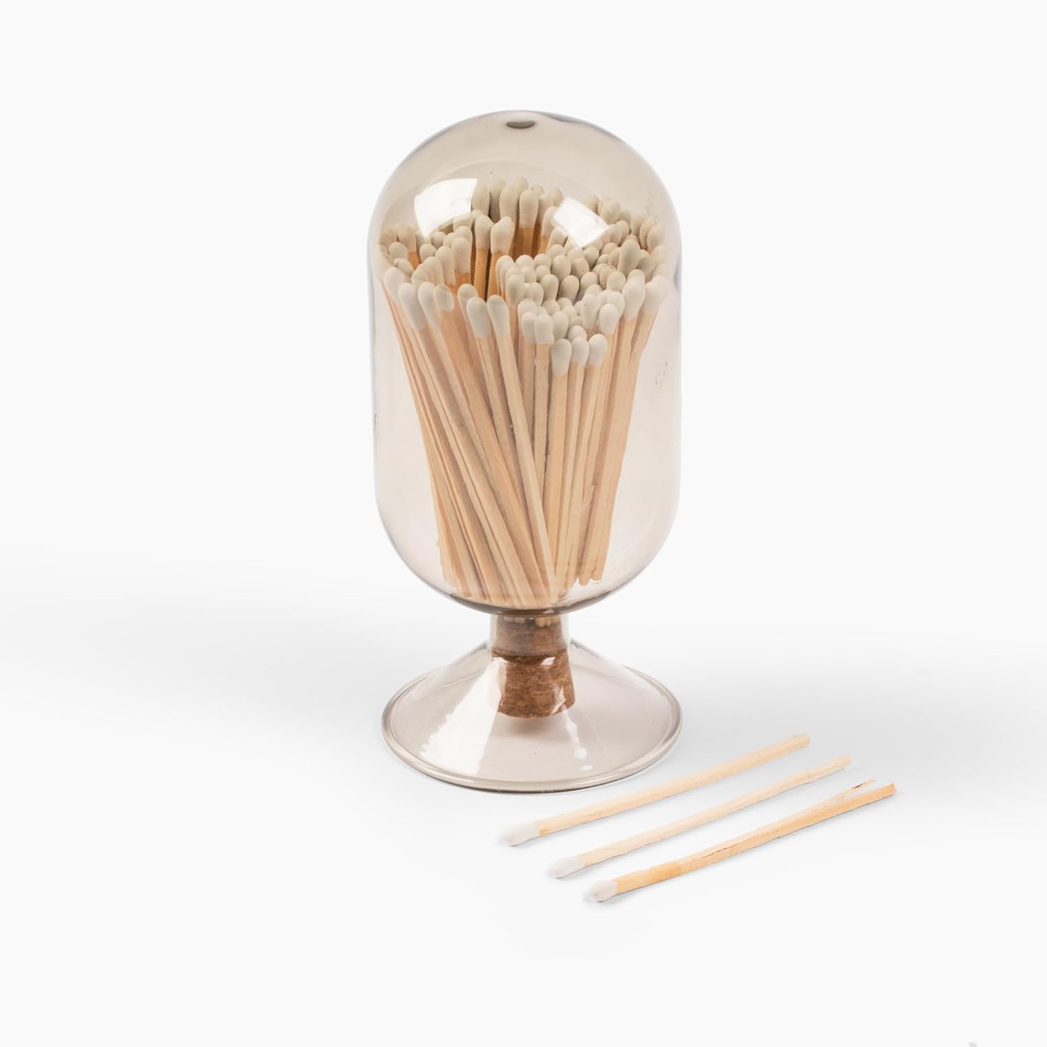 Premium Glass Match Cloche - Matches in a Jar with Striker. Great for Candles, Fireplace. Or Use Bottle for Bath Salts, Accessories. Includes Striker and Safety Matches (White)