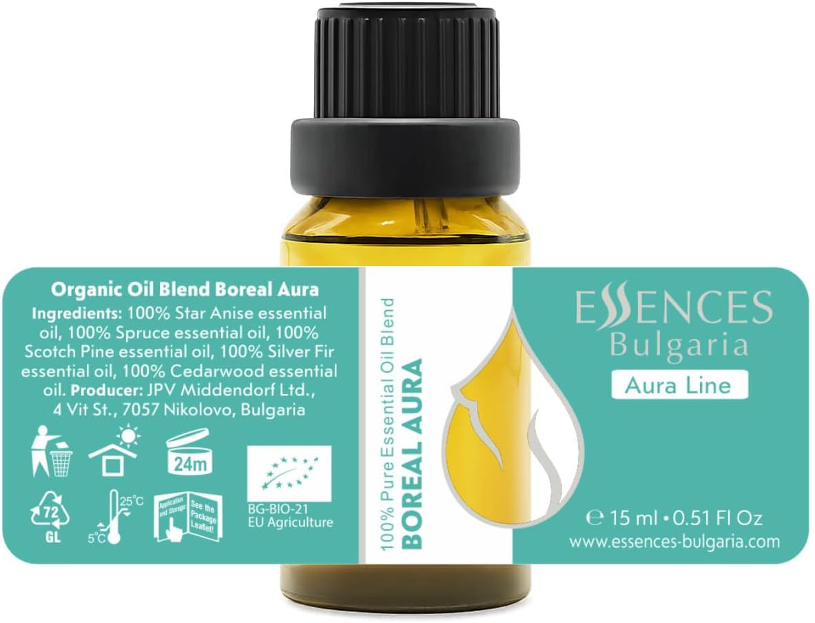 Essences Bulgaria Boreal Aura Organic Essential Oil Blend 0.5 Fl Oz | 15ml | Silver Fir, Scotch Pine, Norway Spruce, Star Anise, Cedarwood | Aromatherapy, Sauna & SPA | 100% Pure & Natural | Undiluted