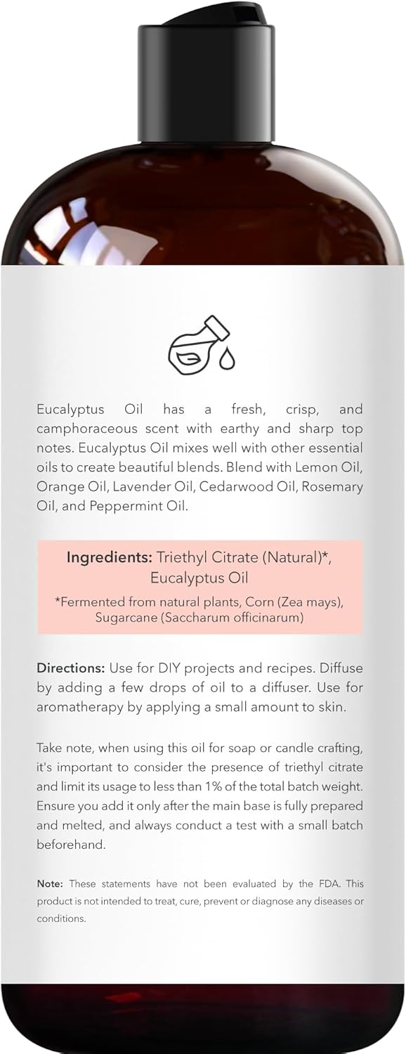 Brooklyn Botany Eucalyptus Essential Oil - Huge 16 Fl Oz - for Candle Making, Soap Making, Diffusers, and Aromatherapy